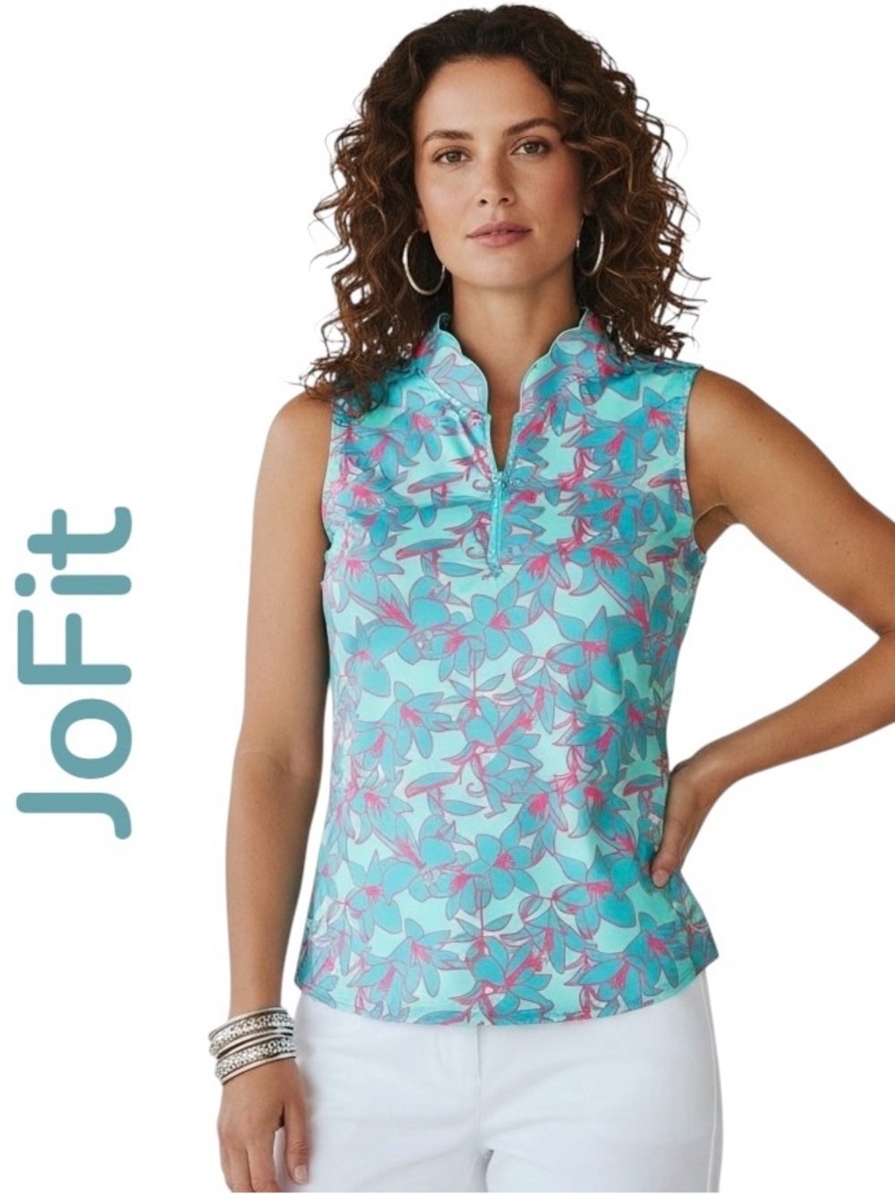 Jofit Top Golf Turquoise Pink Tropical Floral Scallop/Mock/Neck Sleeveless Sz L